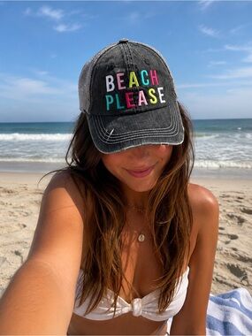 Katydid Beach Please Distressed Trucker Hat Multicolor Embroidered Cap